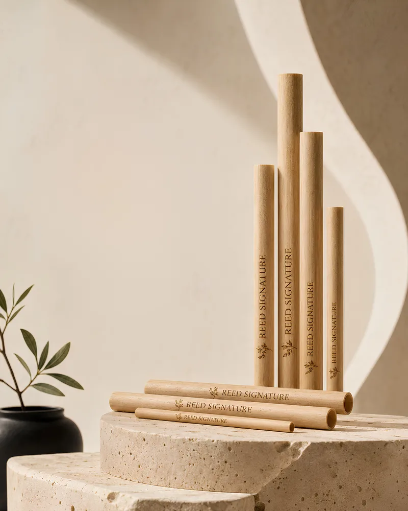 La collection complète de pailles en roseau REED SIGNATURE sur socle en travertin