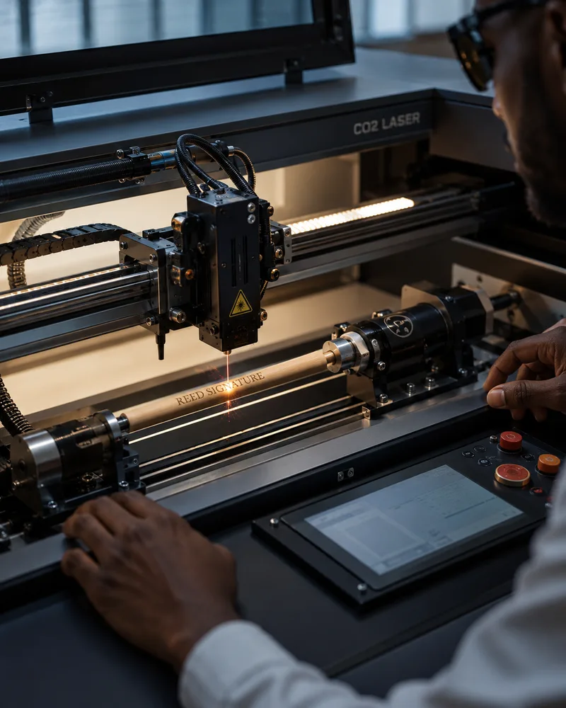 Machine de gravure laser CO2 gravant REED SIGNATURE sur une paille en roseau