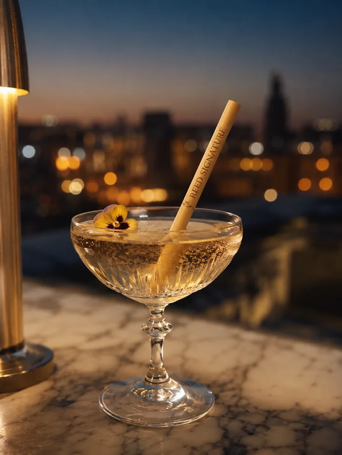 Coupe de champagne avec paille gravée REED SIGNATURE sur un rooftop au crépuscule