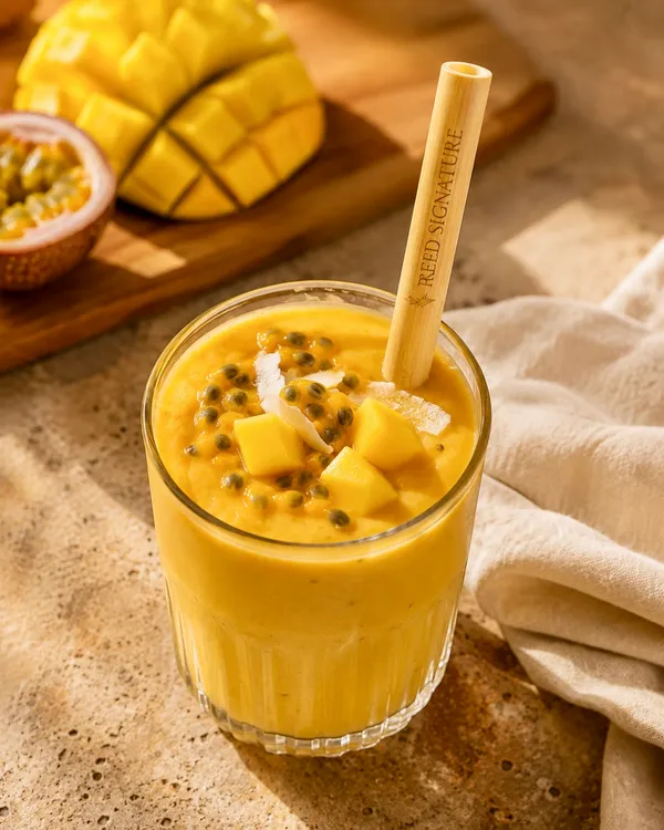 Paille en roseau longue et épaisse dans un smoothie à la mangue