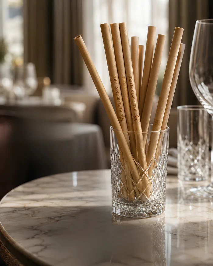 Pailles en roseau gravées présentées dans un verre en cristal au restaurant