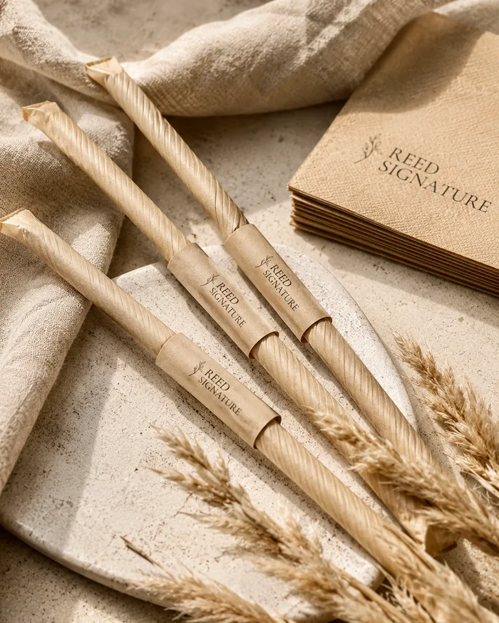 Trois pailles en roseau gravées REED SIGNATURE disposées sur du lin